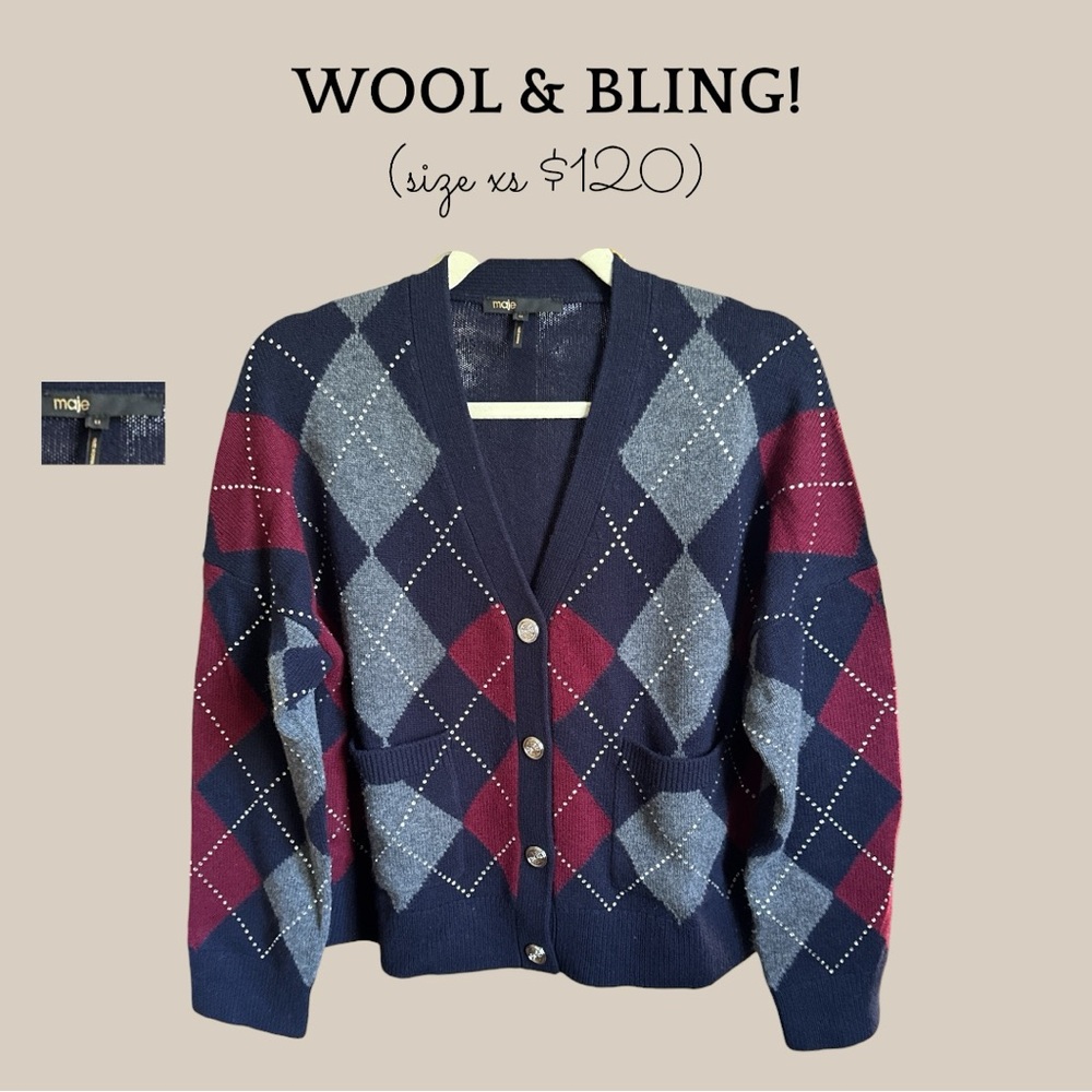 Maje Navy, Burgundy & Light Blue Argyle Wool Cardigan with Rhinestone Accents